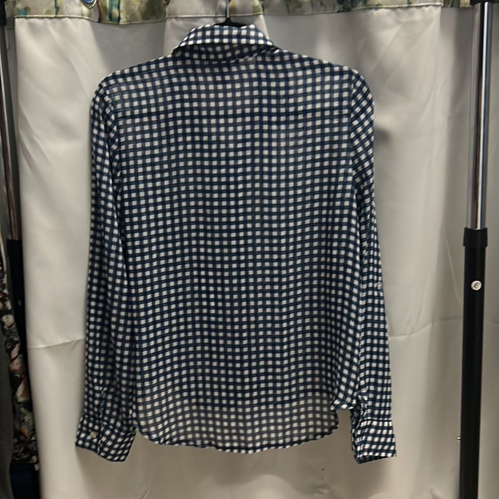 41- About A Girl Checkered Blue & White Buffalo Plaid LS Sheer Top Medium - Picture 8 of 10